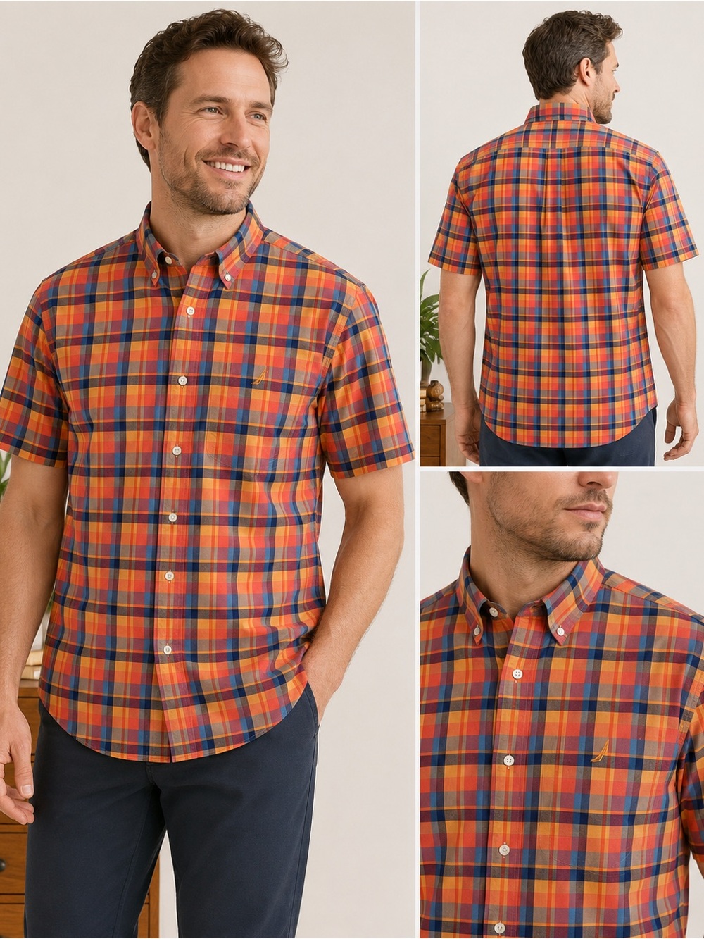 Nautica Men’s Large Plaid Short Sleeve Button Down Shirt Classic Fit Stretch